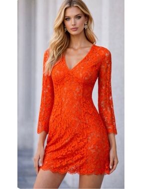 Stella McCartney Designer Lace Vibrant Sheer Orange Red Lace V-Neck Mini Dress M